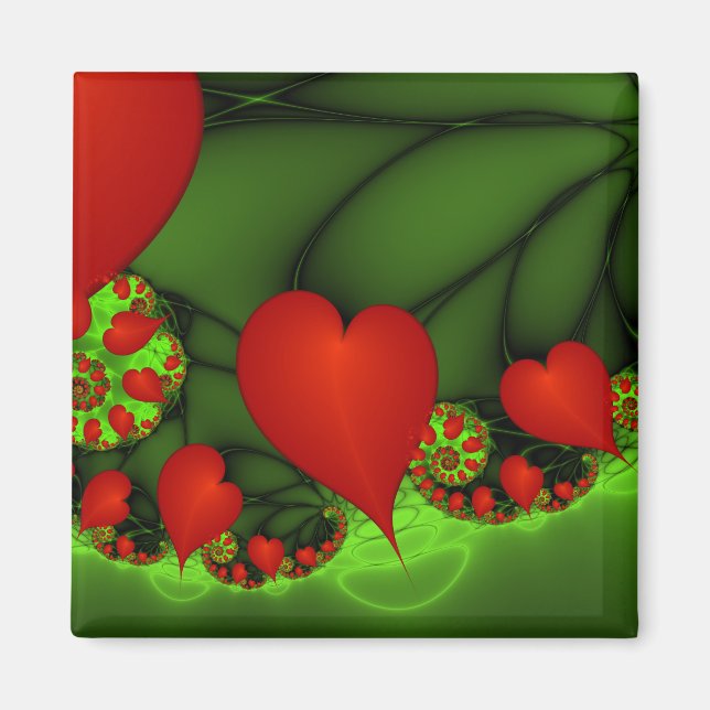 Red Hearts Lime Green Modern Abstract Fractal Art Magnet (Front)