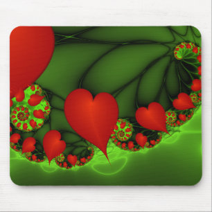 Red Hearts Lime Green Modern Abstract Fractal Art Mouse Pad