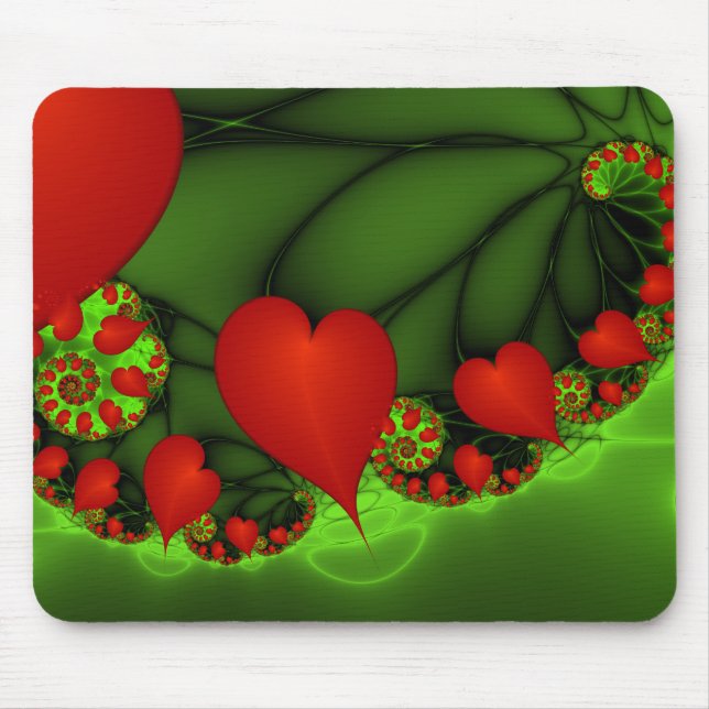 Red Hearts Lime Green Modern Abstract Fractal Art Mouse Pad (Front)