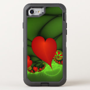 Red Hearts Lime Green Modern Abstract Fractal Art OtterBox Defender iPhone SE/8/7 Case
