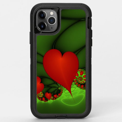 Red Hearts Lime Green Modern Abstract Fractal Art OtterBox Defender iPhone 11 Pro Max Case