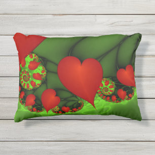 Red Hearts Lime Green Modern Abstract Fractal Art Outdoor Pillow