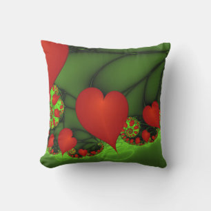 Red Hearts Lime Green Modern Abstract Fractal Art Outdoor Pillow