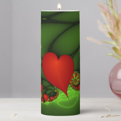 Red Hearts Lime Green Modern Abstract Fractal Art Pillar Candle
