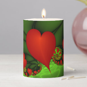 Red Hearts Lime Green Modern Abstract Fractal Art Pillar Candle
