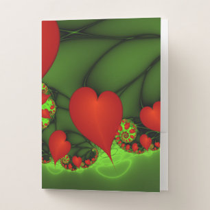 Red Hearts Lime Green Modern Abstract Fractal Art Pocket Folder