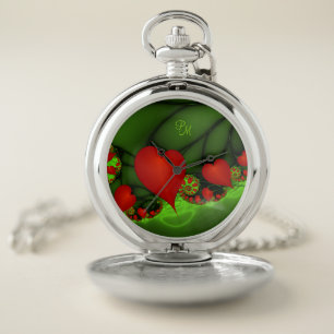 Red Hearts Lime Green Modern Abstract Fractal Art Pocket Watch