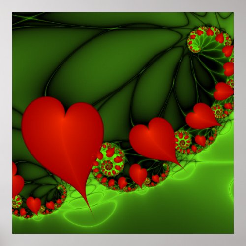Red Hearts Lime Green Modern Abstract Fractal Art Poster