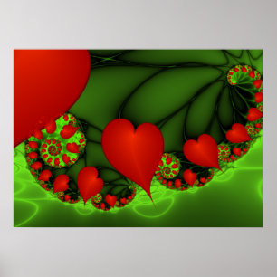 Red Hearts Lime Green Modern Abstract Fractal Art Poster