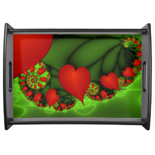 Red Hearts Lime Green Modern Abstract Fractal Art Serving Tray