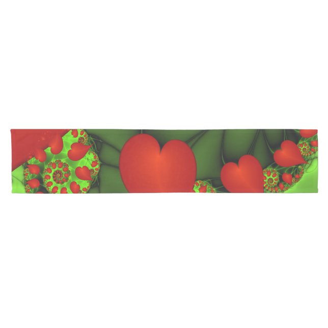 Red Hearts Lime Green Modern Abstract Fractal Art Short Table Runner (Horizontal)
