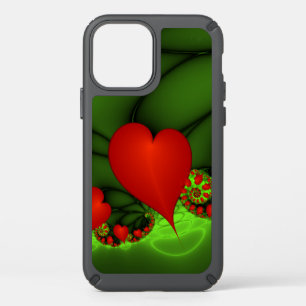 Red Hearts Lime Green Modern Abstract Fractal Art Speck iPhone 12 Case