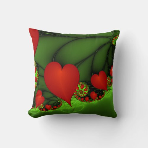 Red Hearts Lime Green Modern Abstract Fractal Art Throw Pillow