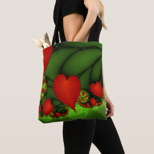 Red Hearts Lime Green Modern Abstract Fractal Art Tote Bag