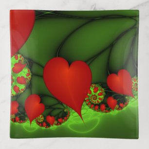 Red Hearts Lime Green Modern Abstract Fractal Art Trinket Tray