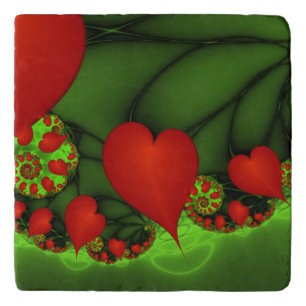 Red Hearts Lime Green Modern Abstract Fractal Art Trivet