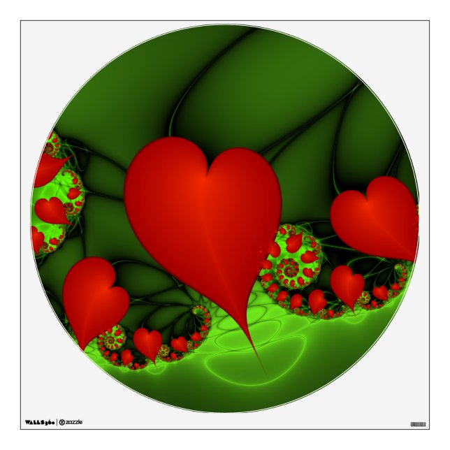 Red Hearts Lime Green Modern Abstract Fractal Art Wall Decal (Front)