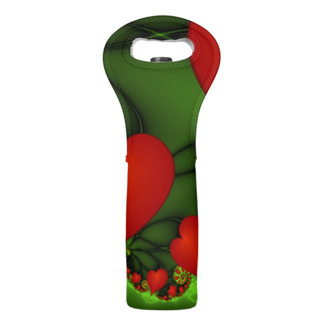 Red Hearts Lime Green Modern Abstract Fractal Art Wine Bag (Front)