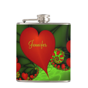 Red Hearts Lime Green Modern Abstract Fractal Name Flask