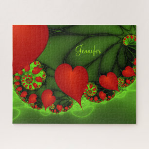 Red Hearts Lime Green Modern Abstract Fractal Name Jigsaw Puzzle