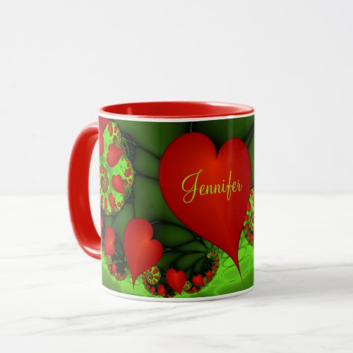 Red Hearts Lime Green Modern Abstract Fractal Name Mug