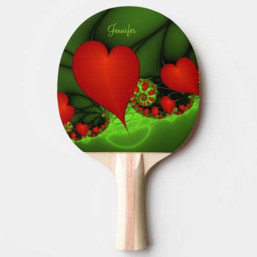 Red Hearts Lime Green Modern Abstract Fractal Name Ping Pong Paddle