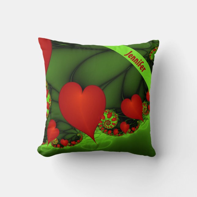 Red Hearts Lime Green Modern Abstract Fractal Name Throw Pillow (Front)