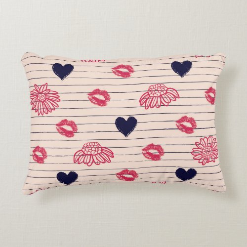 Red hearts lips daisies pattern accent pillow