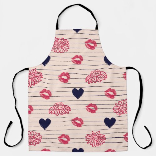 Red hearts lips daisies pattern apron