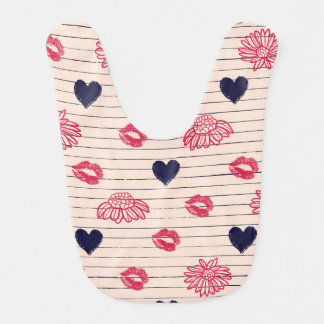 Red hearts, lips, daisies pattern. baby bib