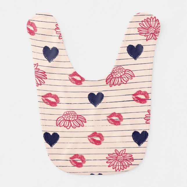 Red hearts, lips, daisies pattern. baby bib (Front)