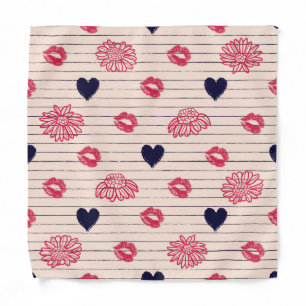 Red hearts, lips, daisies pattern. bandana