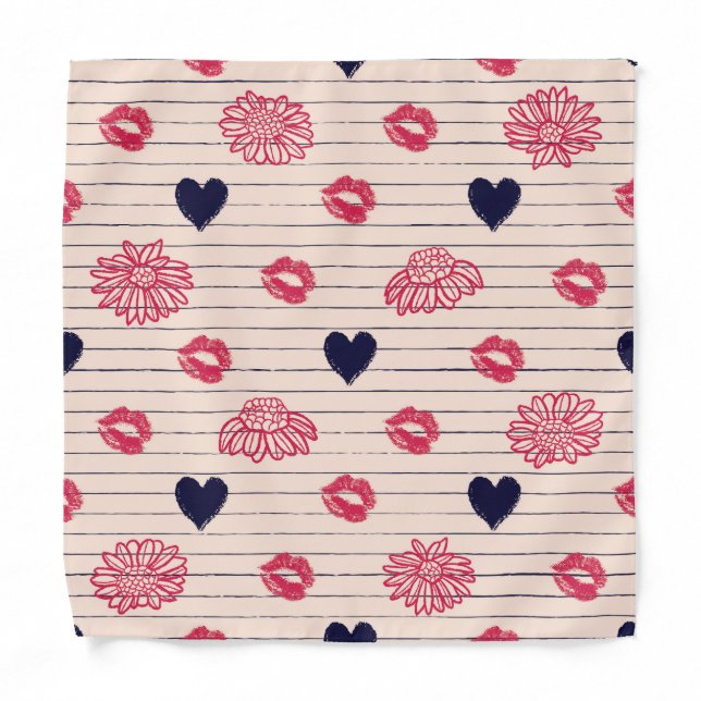 Red hearts, lips, daisies pattern. bandana (Front)