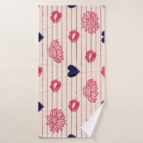 Red hearts lips daisies pattern bath towel