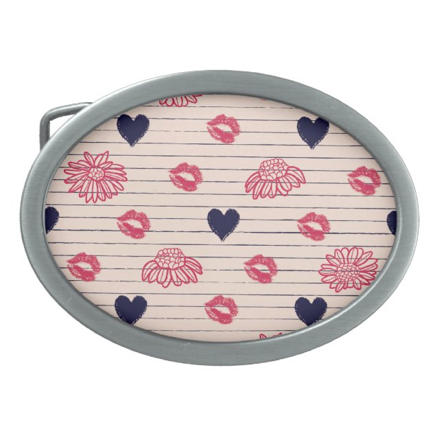 Red hearts, lips, daisies pattern. belt buckle (Front)