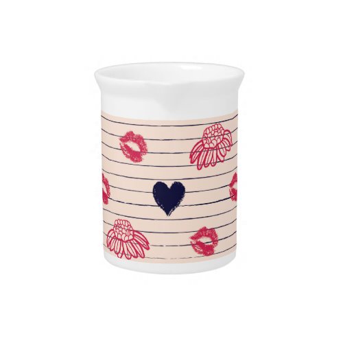 Red hearts lips daisies pattern beverage pitcher