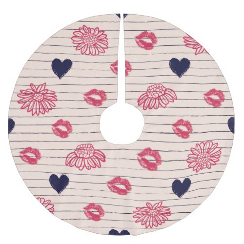 Red hearts lips daisies pattern brushed polyester tree skirt