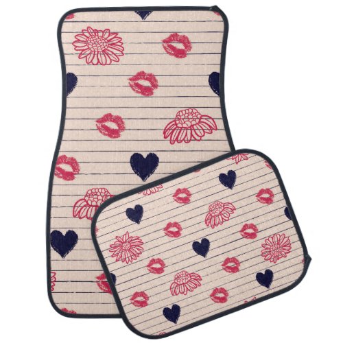 Red hearts lips daisies pattern car floor mat