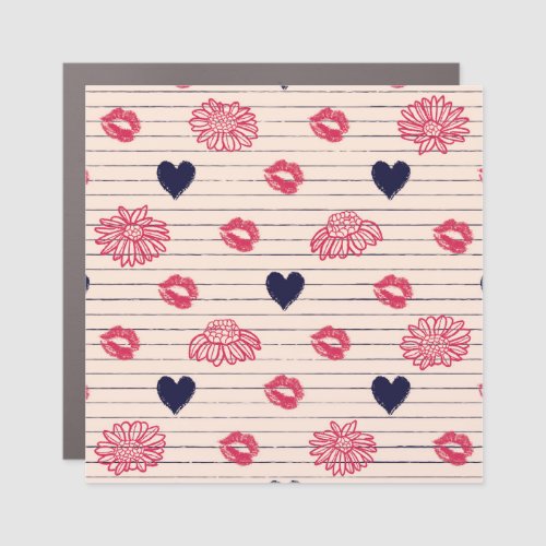 Red hearts lips daisies pattern car magnet