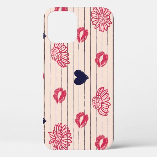 Red hearts lips daisies pattern iPhone 12 case