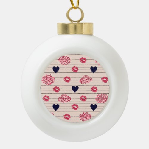 Red hearts lips daisies pattern ceramic ball christmas ornament