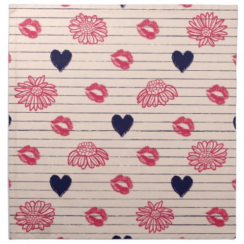 Red hearts lips daisies pattern cloth napkin