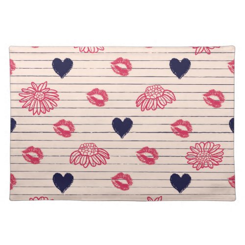 Red hearts lips daisies pattern cloth placemat