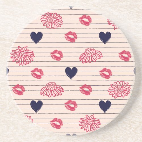 Red hearts lips daisies pattern coaster