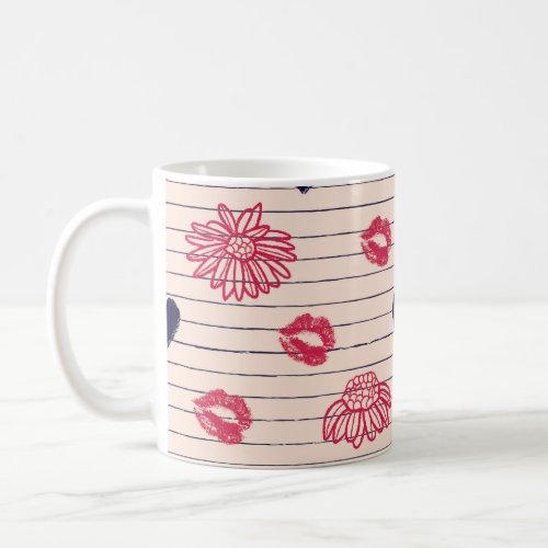 Red hearts lips daisies pattern coffee mug