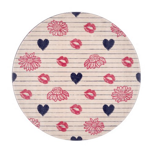 Red hearts lips daisies pattern cutting board
