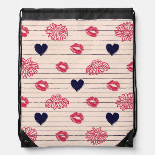 Red hearts, lips, daisies pattern. drawstring bag