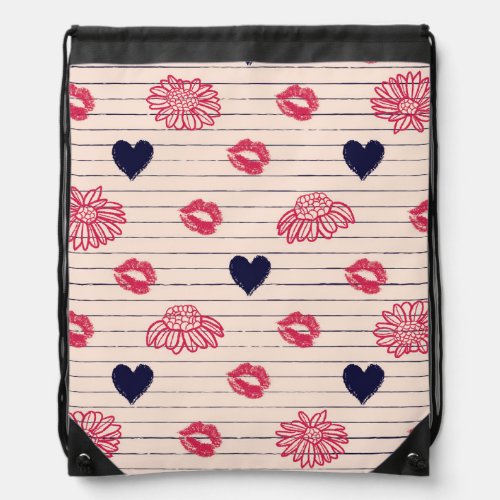 Red hearts lips daisies pattern drawstring bag