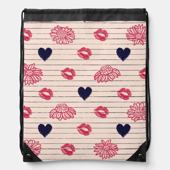 Red hearts, lips, daisies pattern. drawstring bag (Front)