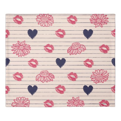 Red hearts lips daisies pattern duvet cover